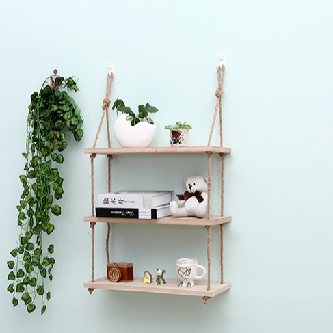 Kệ gỗ trang trí có dây thừng kèm theo kích thước 10x30cm, dây treo 1 mét, loại xịn chống thấm nước.