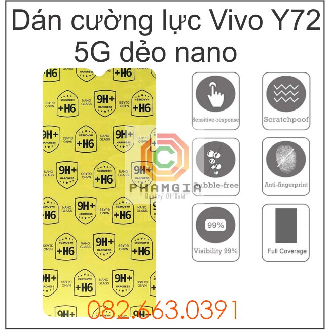 Dán cường lực Vivo Y72 5G trong suốt, nano dẻo siêu bền, độ cường lực 9H+