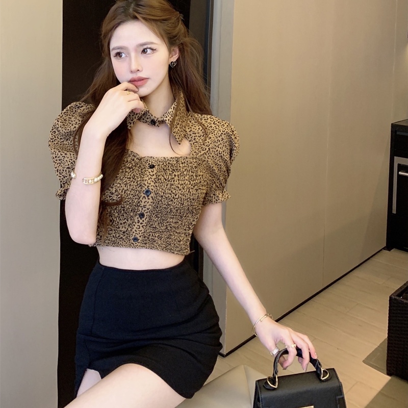 Áo Sơ Mi Tay Ngắn Phồng Cổ Bẻ Quyến Rũ Thời Trang Hè Cho Nữ