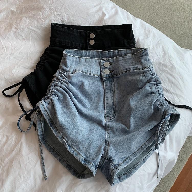 Quần Short Denim Lưng Cao Phối Dây Rút Thời Trang Mùa Hè Cá Tính Cho Nữ