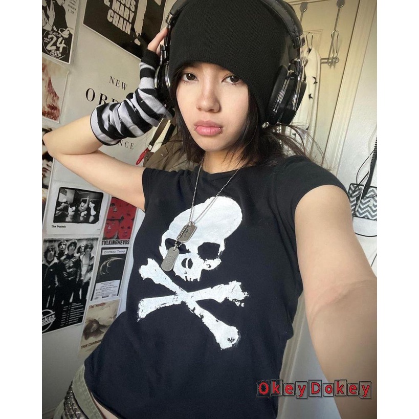 OKDK-y2k Women Fashion Round Neck Skull Print Knitting Party Casual Tops Elastic Shirts