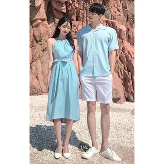 Set váy đôi cổ yếm sơmi nam xanh thiên thanh