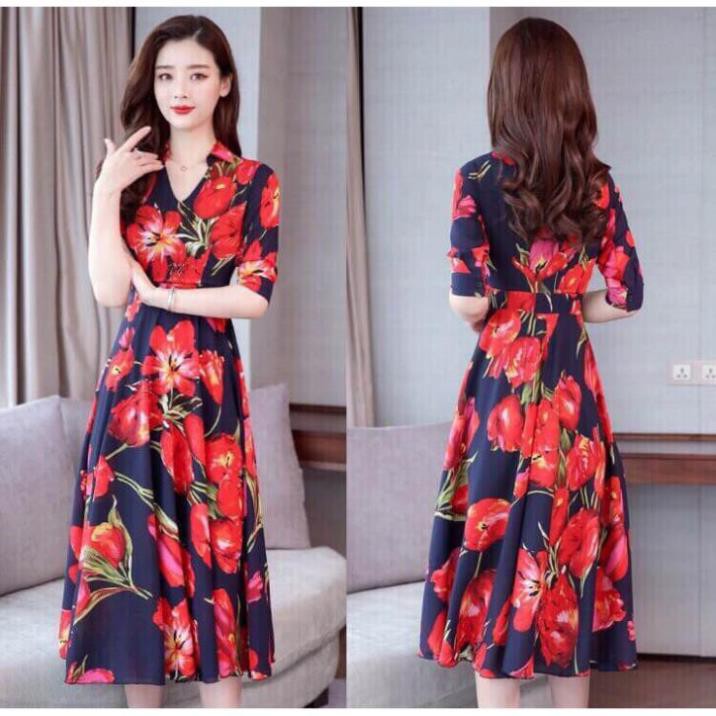 Đầm Maxi Hoa Tulip Cổ Bẻ Cao Cấp M006295 - Váy Đi Biển Voan Lụa Nhập Tay Ngắn Quyến Rũ Thanh Lịch | BigBuy360 - bigbuy360.vn
