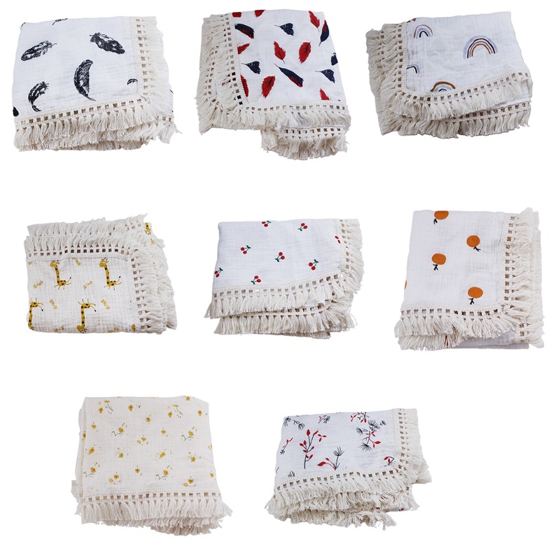 Chăn Quấn Em Bé 2 Lớp Chất Liệu Cotton Mềm Mại Phối Tua Rua Phong Cách Hồi Giáo