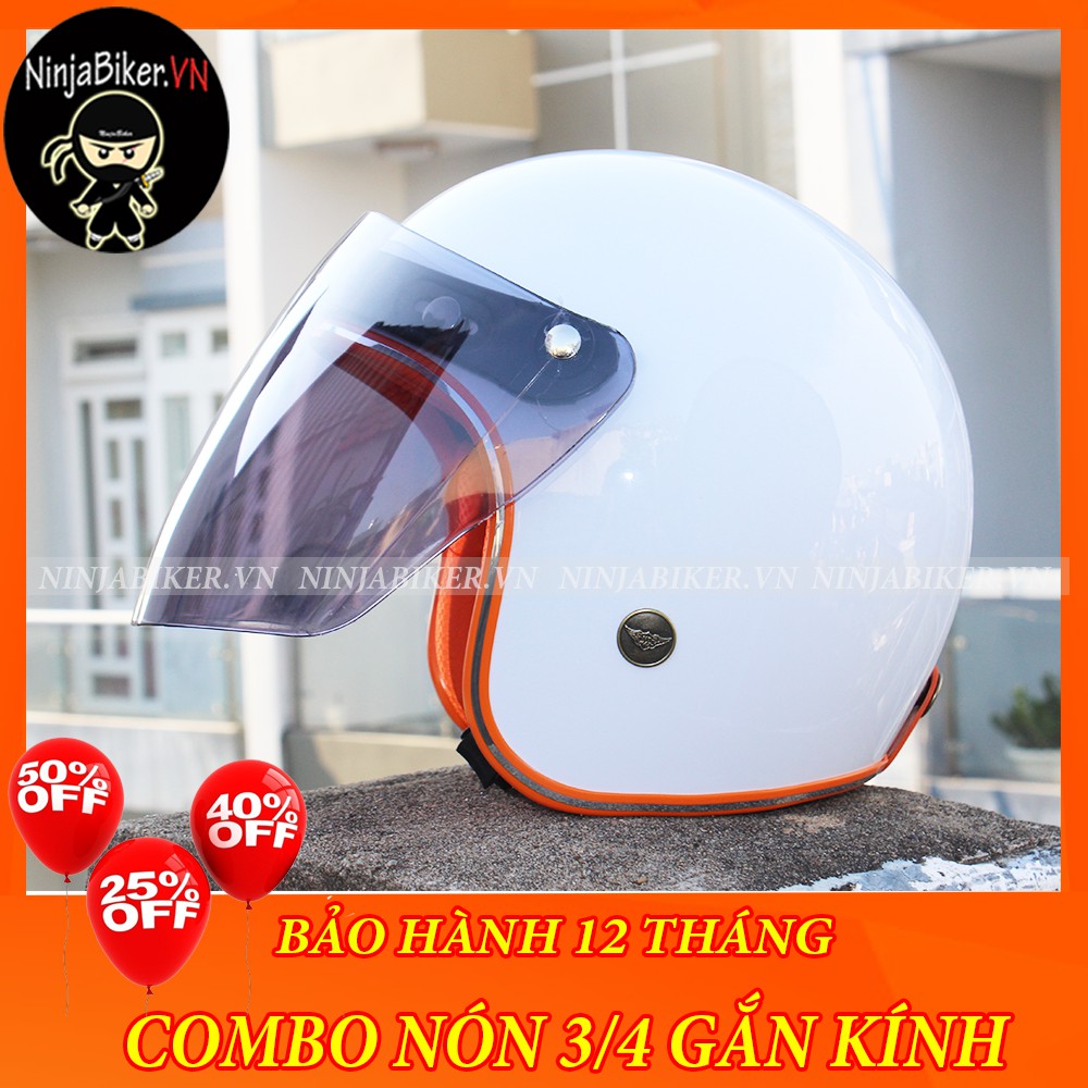 NÓN BẢO HIỂM 3/4 GẮN KÍNH - TRẮNG VIỀN CAM