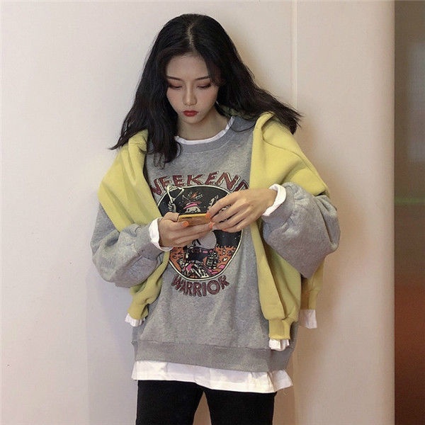 COZOK Áo sweater tay dài dáng rộng in họa tiết thời trang Hàn Quốc