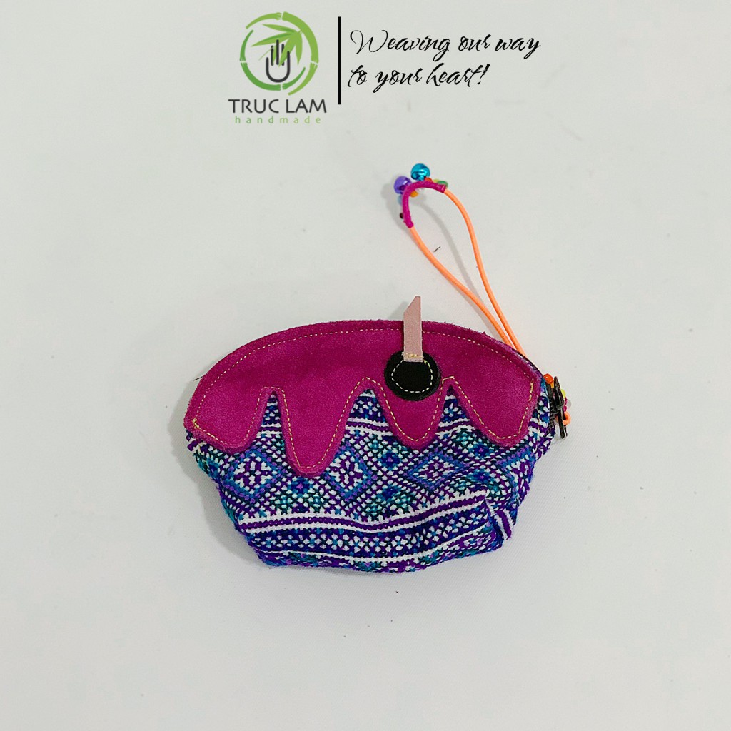 Ví Cầm Tay Nữ VÍ Sò Cầm Tay Vải Thổ Cẩm Phối Vải Da Lộn Có Gắn Vòng Chuông (B) - Trúc Lâm Handmade