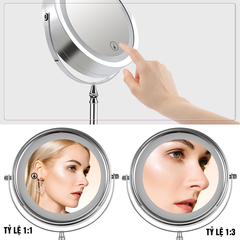 Gương trang điểm đèn LED Roman cảm ứng để bàn phóng đại x3, xoay 360 độ 2 mặt Minh House