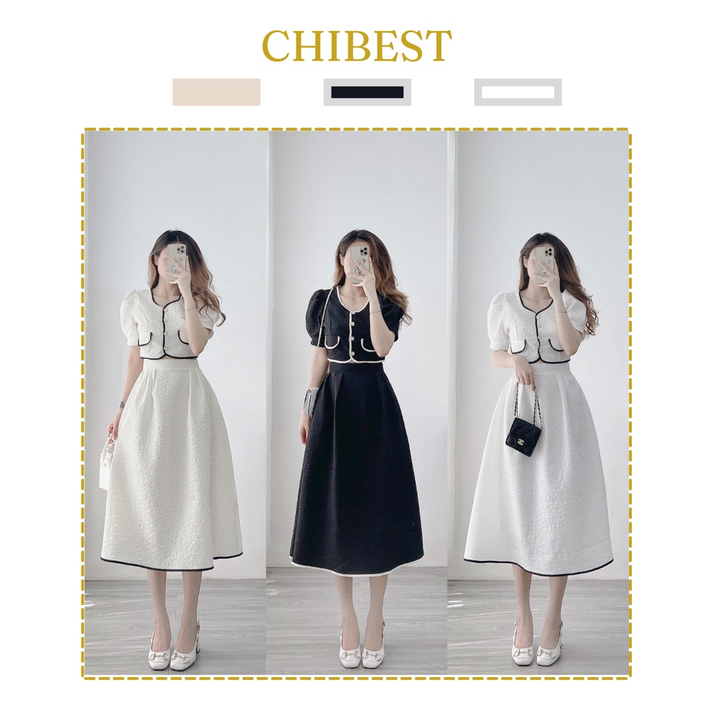 Set đồ nữ áo nút croptop phối viền tay ngắn kèm chân váy xòe chữ A dáng dài dáng dài tiểu thư HSB64 CHIBEST