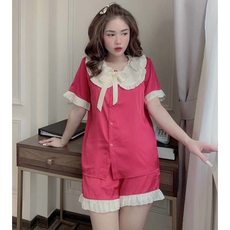 Bộ Pijama - Bộ Lụa Áo Cộc Quần Đùi Chất Liệu SaTin Phối Bèo Cổ Nơ