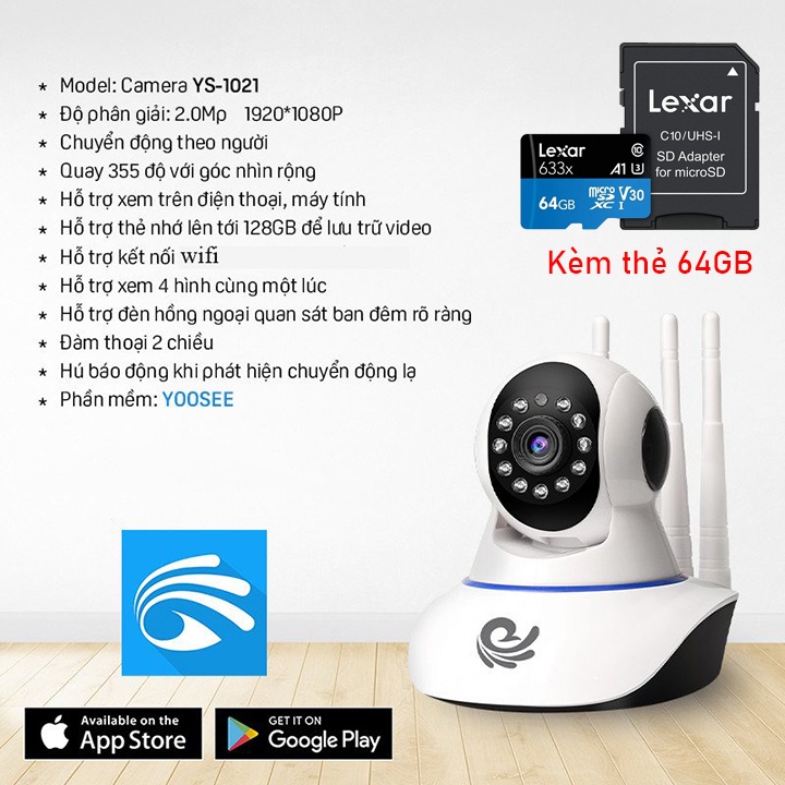 Combo Camera Yoosee 3 râu + Thẻ nhớ hãng 32Gb | 64Gb