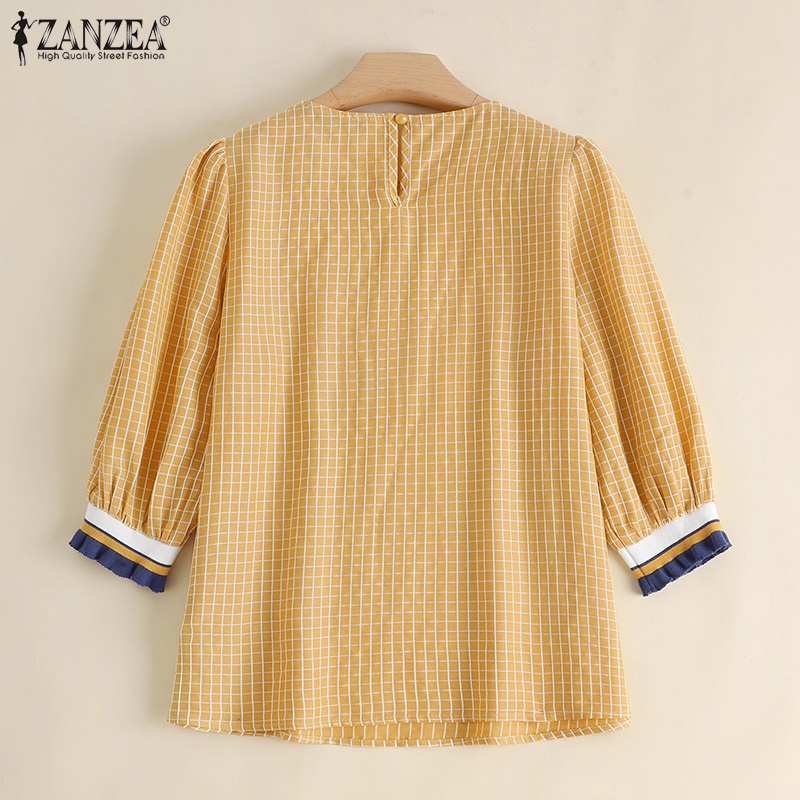 Zanzea Áo Kiểu Nữ Cổ Tròn Tay 3 / 4 Họa Tiết Caro Thời Trang Thanh Lịch