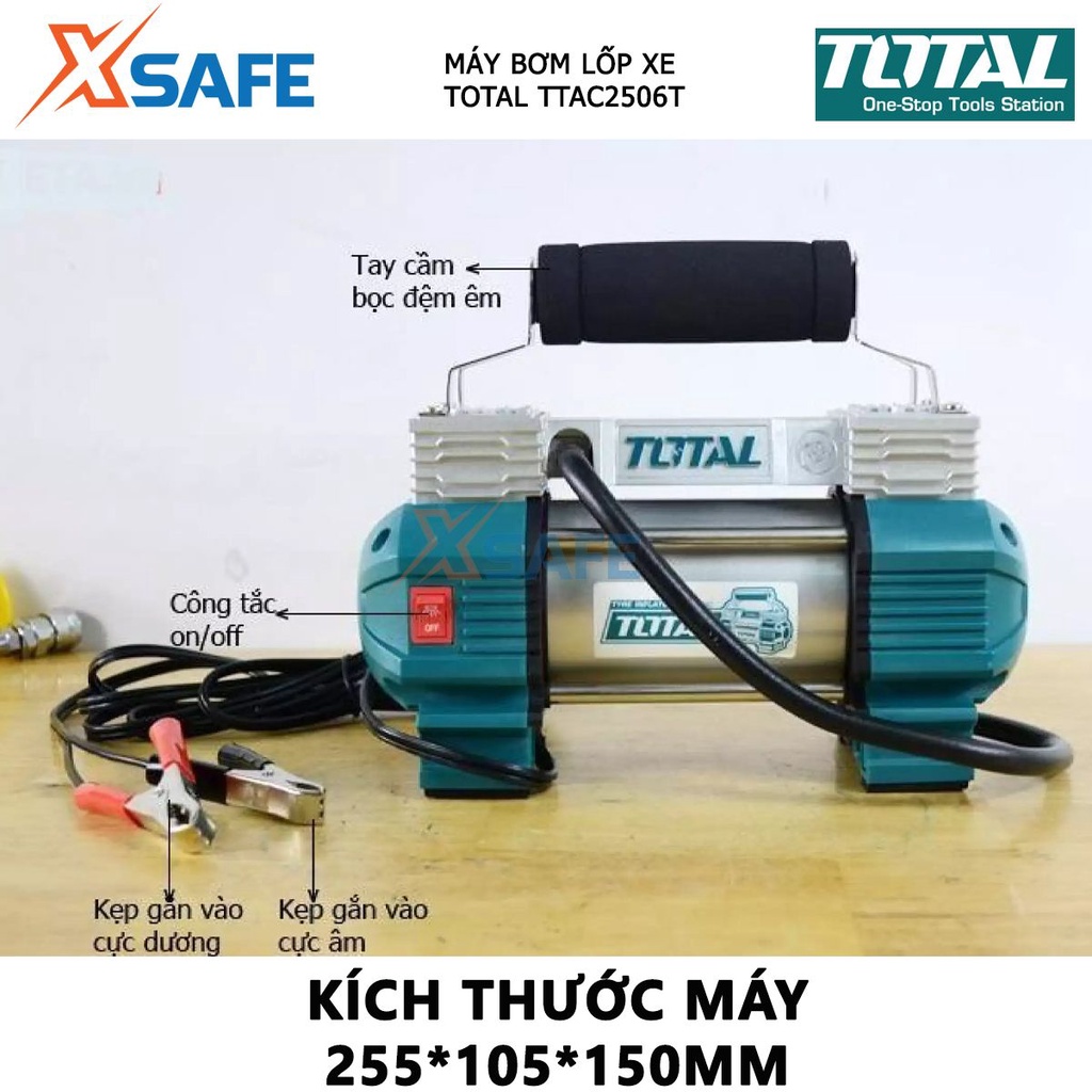 Máy bơm lốp xe ô tô TOTAL TTAC2506 Dụng cụ kiểm tra hơi lốp xe 12V, dòng điện định mức 18A, nén khí nhiều công dụng