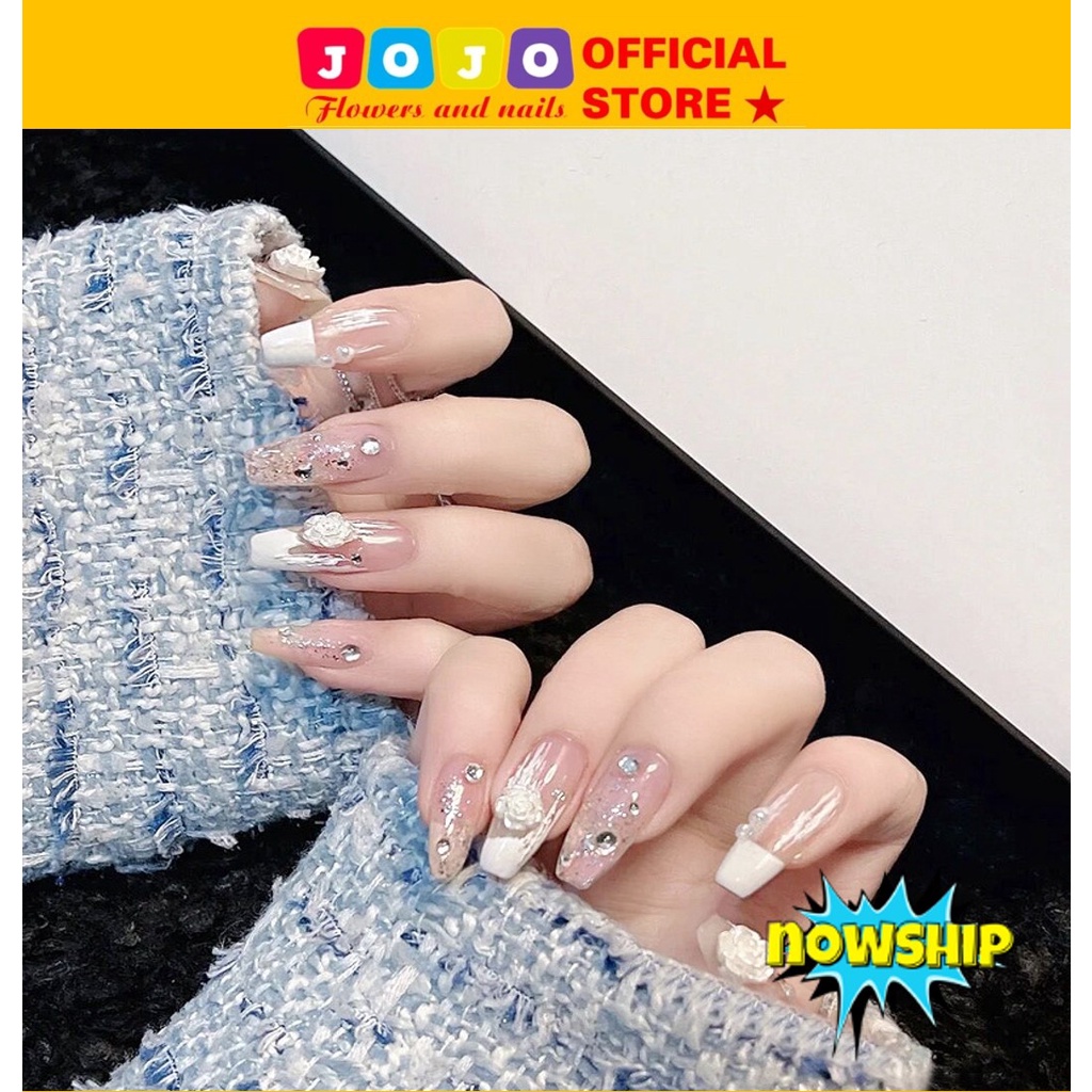 Set 24 móng tay giả vuông dài đính hoa và đá Y40 kèm keo sang chảnh