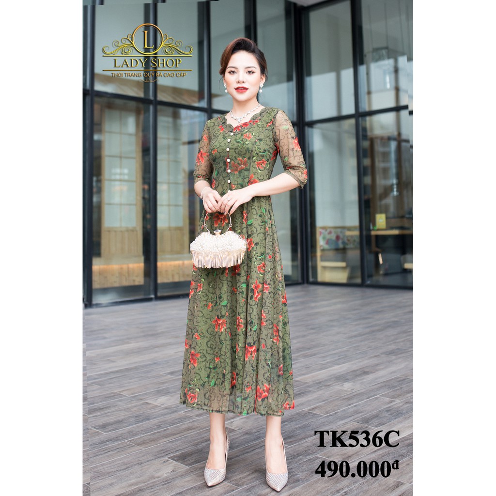 VÁY ĐẦM QUÝ BÀ - THỜI TRANG TRUNG NIÊN CAO CẤP - LADYSHOP - Đầm thun lưới xanh than hoa dâm bụt đính cúc TK536