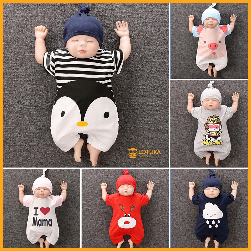 Body đùi cho bé Kèm Mũ bodysuit cho bé trai bé gái họa tiết đáng yêu chất vải cotton mềm mịn quần áo sơ sinh 0 -12 tháng