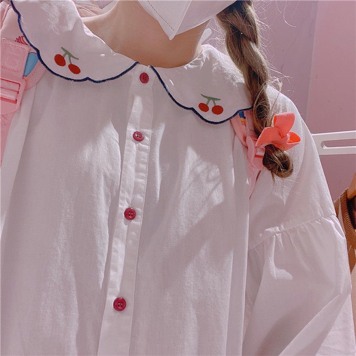 Áo Sơ Mi Tay Dài Dáng Rộng Thêu Hình Quả Cherry Thiết Kế Mới Thời Trang Dành Cho Nữ