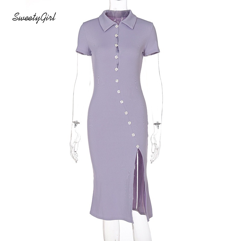 Đầm Midi Tay Ngắn Cổ Bẻ Màu Trơn Cài Nút Thời Trang Thanh Lịch Cho Nữ