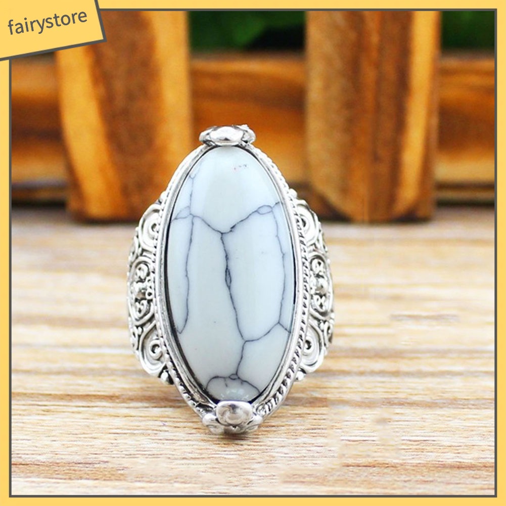 FS_Women Boho Vintage Oval Turquoise Antique Silver Plated Carving Ring Jewelry