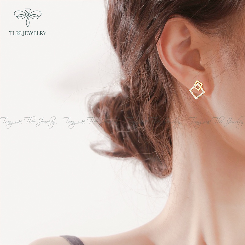 Khuyên tai bạc nữ TLEE mặt vuông kép nạm đá cao cấp NCJ B0101