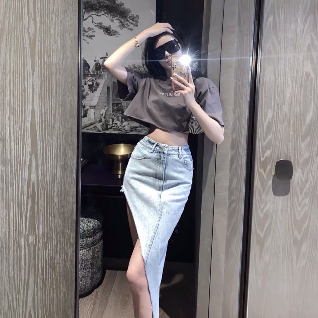 Sét áo crotop+ chân váy bò có bán rời