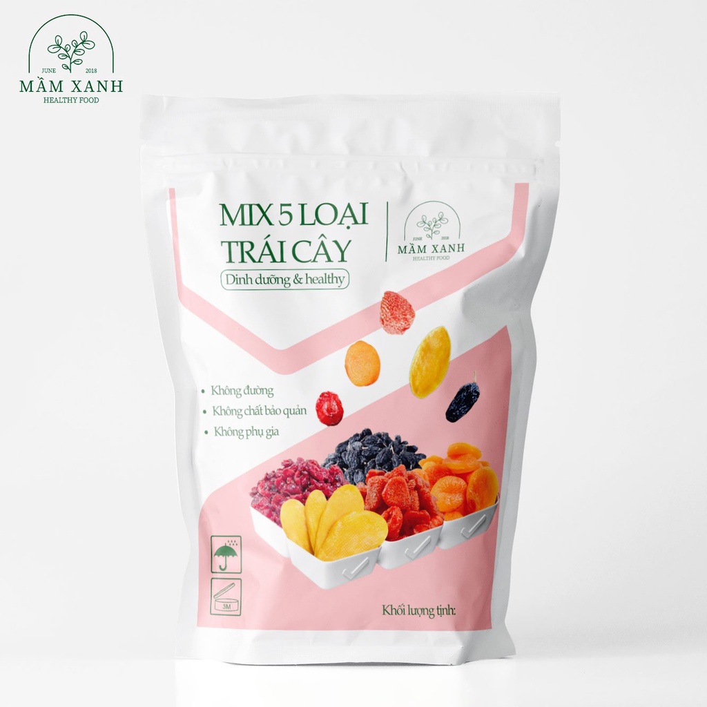 TRÁI CÂY SẤY DẺO 600G, mix trái không đường 5 loại Nhà Mầm- nho vàng, nam việt quất, mơ, dâu tây, xoài