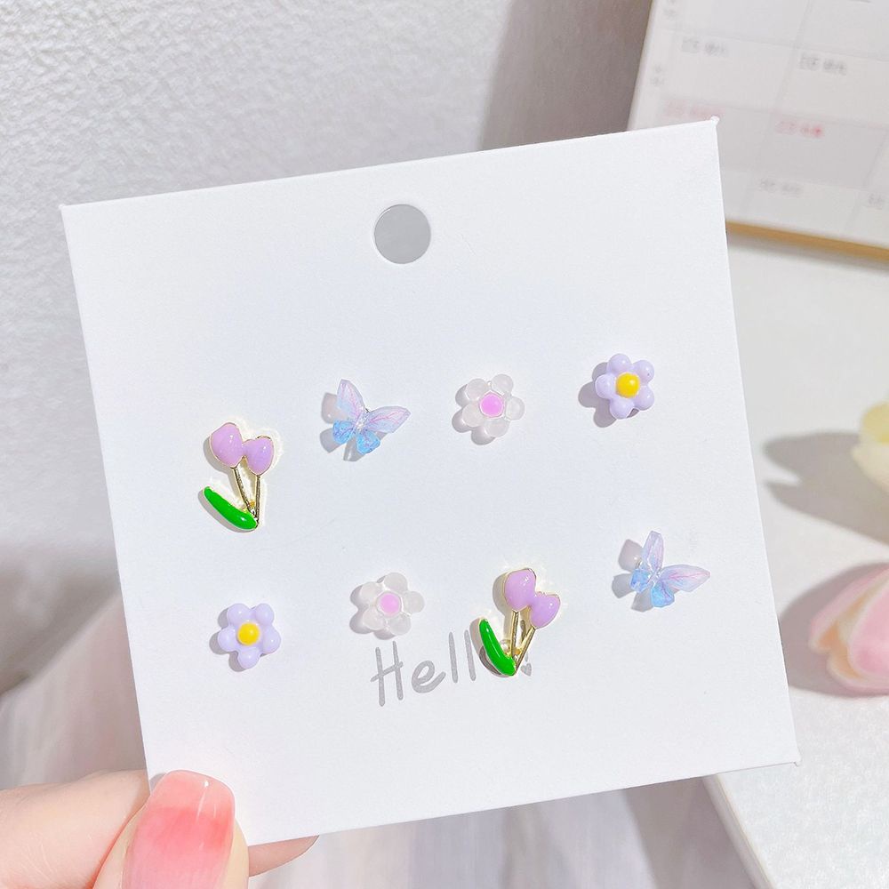 4 Đôi bông tai phối hình hoa tulip/ bướm nhiều màu dễ thương phong cách Hàn Quốc cho nữ