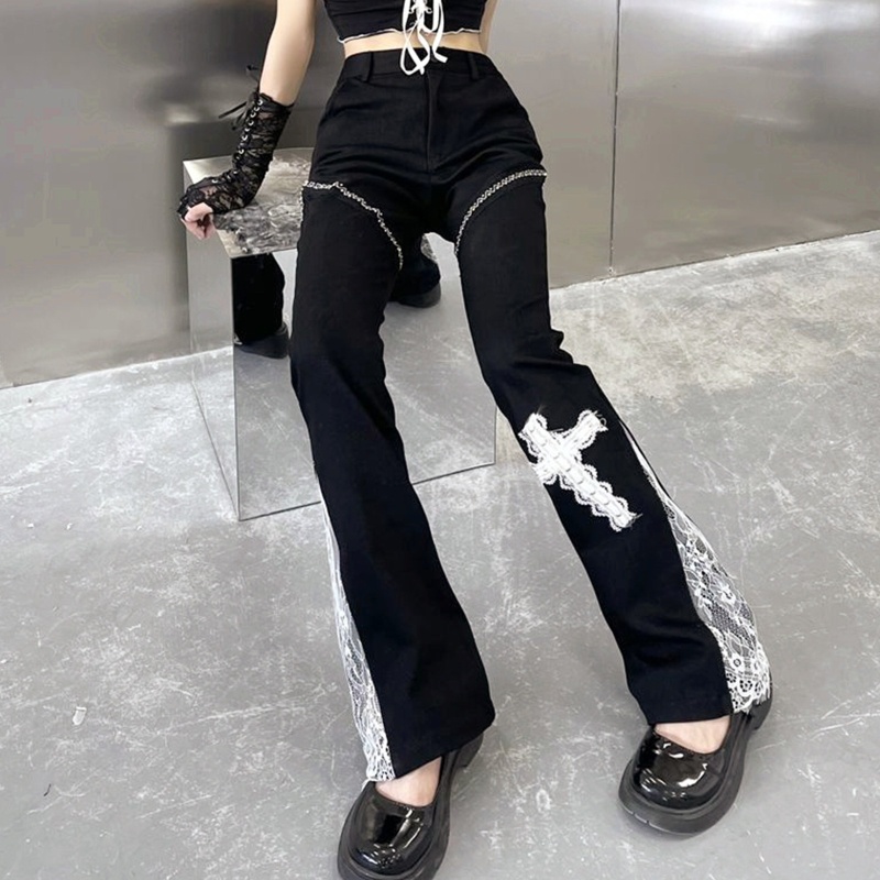 Quần Ống Loe Lưng Cao Phối Ren Thời Trang Cho Nữ