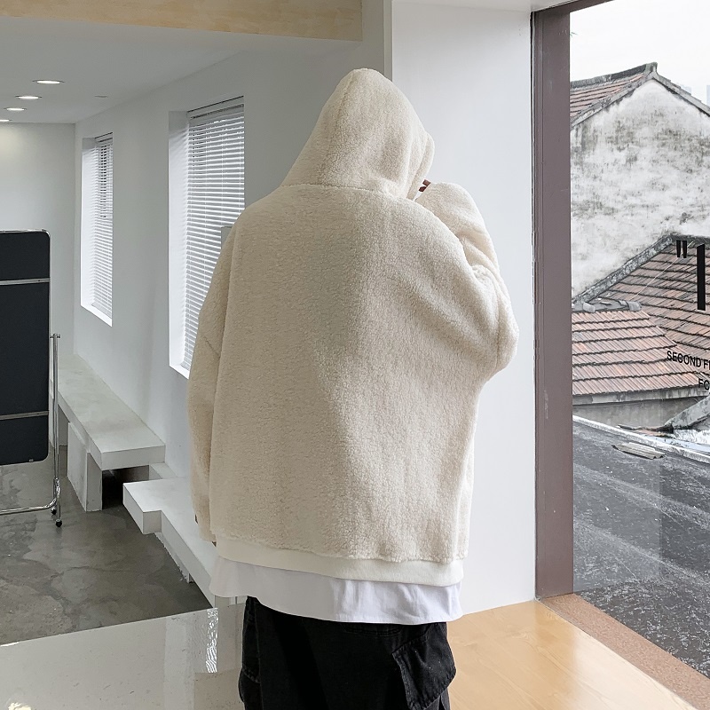 Áo khoác hoodie len lông cừu dáng rộng thời trang mùa đông cho nam giới