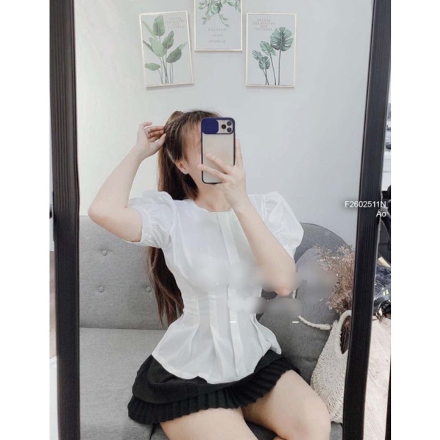 Áo kiểu chít eo cổ tròn tay ngắn phồng 2602
