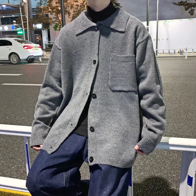 Áo len dài tay màu trơn cổ bẻ có túi phong cách Hàn Quốc thời trang thu đông cho nam