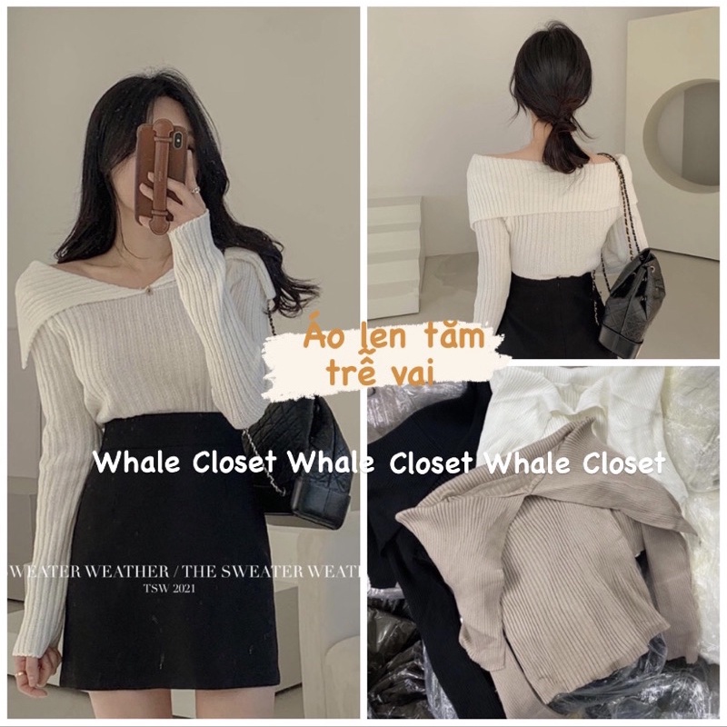 [Ảnh thật]- Áo len tăm trễ vai vạt xẻ hàng Quảng Châu dày dặn siêu vintage