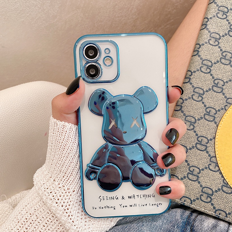 Ốp điện thoại hình gấu 3D mạ vàng hồng/xanh/tím cho iPhone 13 ProMax 12 ProMax 11 X Xr XsMax 8 7Plus