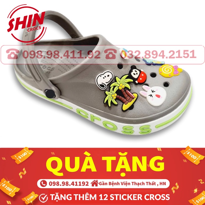 dép crossFREESHIPdép cross đế bánh mì họa tiết xám viền xanh lá cây SHINH7ZZ771 tặng tahêm 12 sticker cross