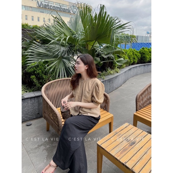 Áo tơ hàn cổ tròn túi ngực - quần xuông đũi hàn C'est la vie