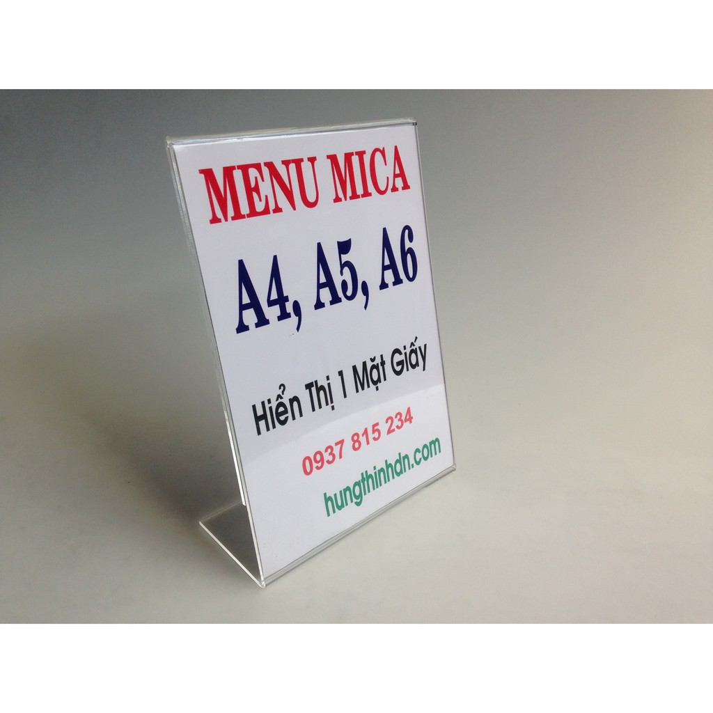 Menu mIca hiển thị 1 mặt chữ L kích thước A4, A5, A6...