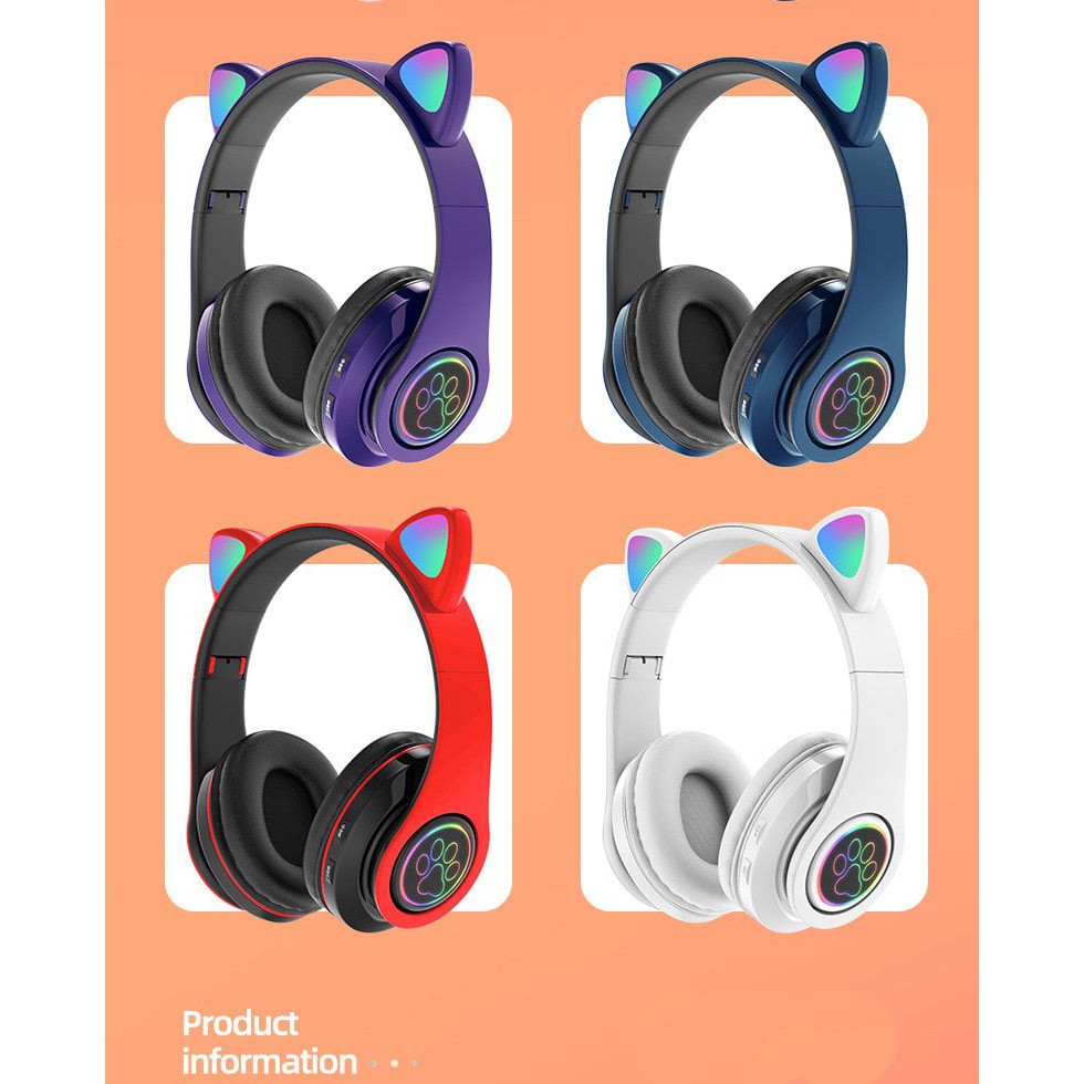 Tai nghe bluetooth chụp tai mèo không dây B39B headphone hình chân mèo cute dễ thương, có mic, đèn led siêu đẹp