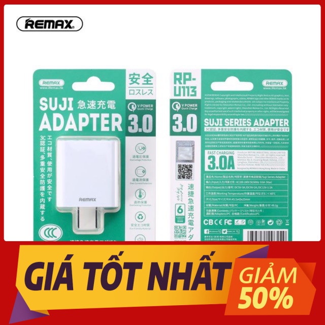 Củ sạc nhanh QC 3.0 Remax RP-U113 cho smartphone và tablet Samsung, Oppo, Iphone, Ipad