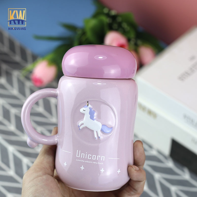 ┇cốc sứ hình kỳ lân có nắp cô gái sinh viên Hàn Quốc cốc uống nước dễ thương cô gái cốc trái tim có giá trị cao