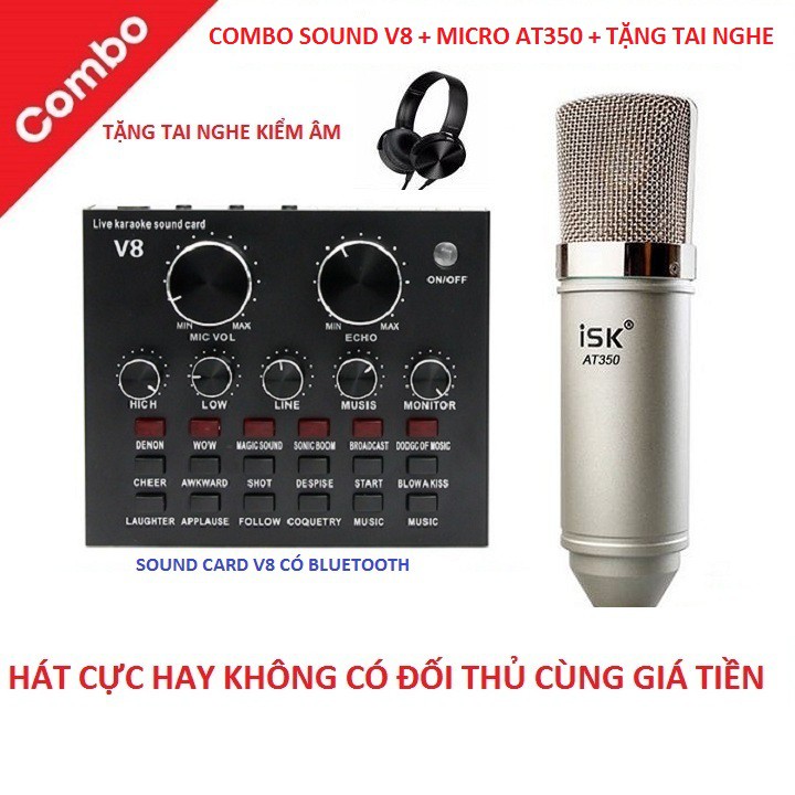 Combo Soundcard V8 Bluetooth + Mic Karaoke Livetream AT 350 Tặng Tai Nghe XB-450 Hát Karaoke Livetream