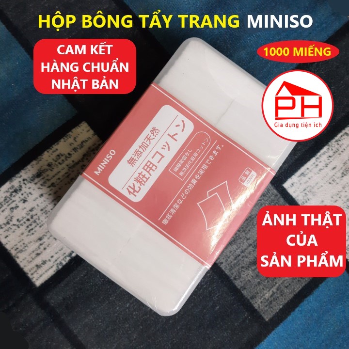 (HỘP 1000 miếng) BÔNG TẨY TRANG MINISO NHẬT BẢN 100% cotton mềm mại thấm hút tốt - Gia dụng Phước Hòa