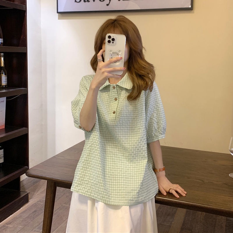 Set Áo Sơ Mi Tay Phồng Kẻ Sọc Caro + Chân Váy Màu Trắng Thiết Kế Mới Thời Trang Mùa Hè Theo Phong Cách Hàn Quốc Cho Nữ