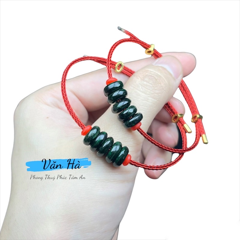 Lắc Tay Ngũ Điếu Đồng Điếu Sơn Thuỷ Xanh Đậm Dây Cáp Đỏ Freesize