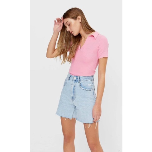 Áo thun polo STRADIVARIUS xuất Âu xịn cotton gân tăm tay ngắn có cổ V màu hồng, trắng, sọc xanh