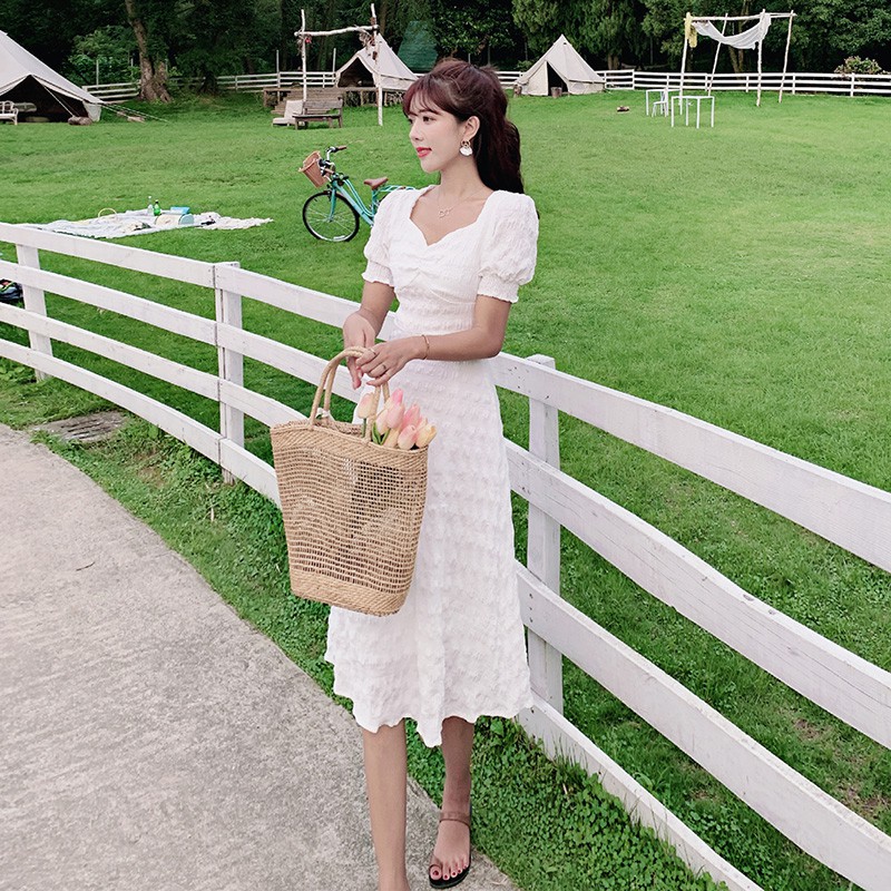 Đầm tay phồng kiểu Pháp màu trắng tinh tế thời trang cho nữ | WebRaoVat - webraovat.net.vn