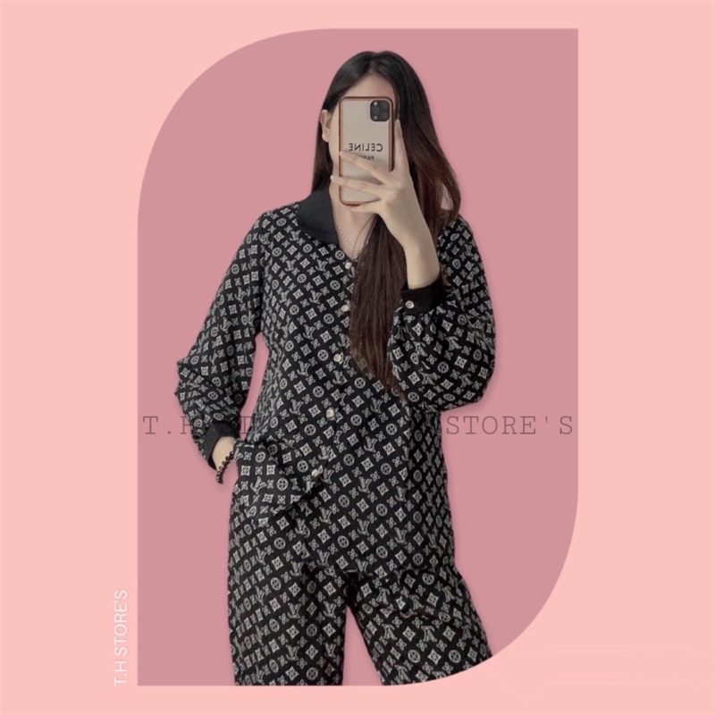 Đồ bộ , Bộ ngủ lua nữ pijama LV Cổ Sen Tay Dài Chất SaTin mỏng nhẹ mềm cực hot năm 2021