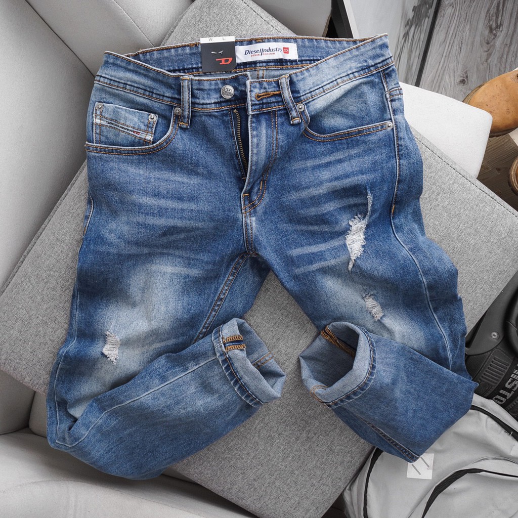 Quần jean nam xanh rách diesel slim fit ống côn co dãn