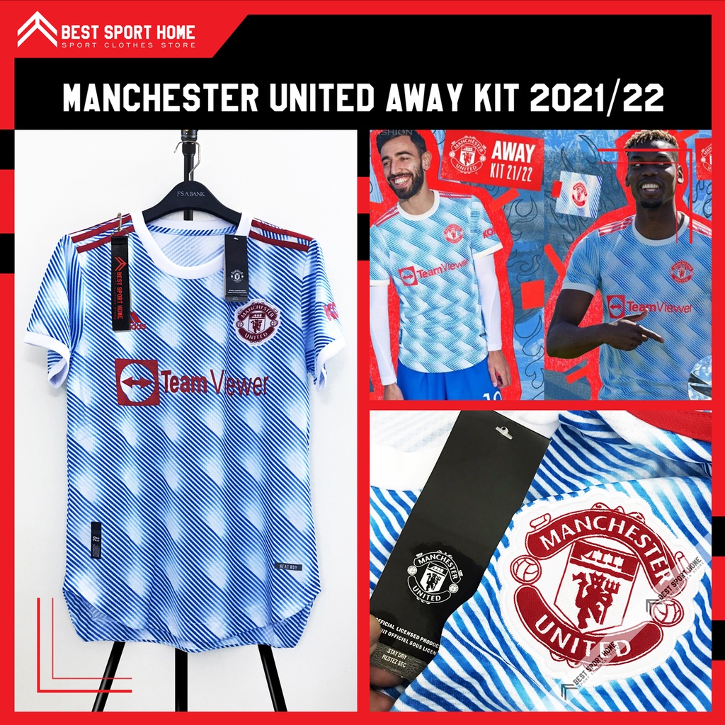 Set Bóng Đá Manchester United Sân Khách - MU Awaykit 21/22 Màu Trắng Xanh Vải Dệt Kín Mềm Size Âu - In Ấn Theo Yêu Cầu