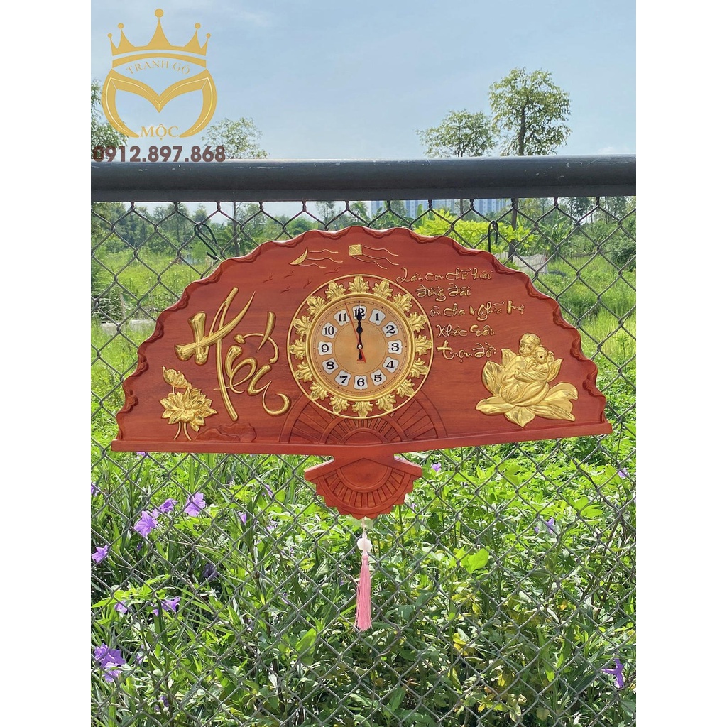 Tranh quạt đồng hồ gỗ hương 48cm x 81cm