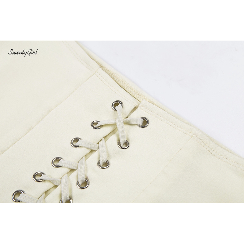 SweetyGirl Women Fashion High Waist A-line Front Straps Knot Solid Color Mini Skirt